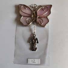❤️ Pink Stained Glass Butterfly Suncatcher with Angel Charm 