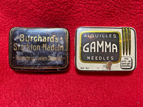 Two gramophone needle tins - tins,