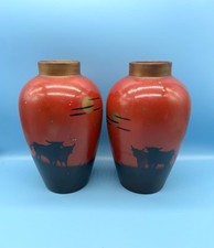 Pair Vintage Brentleigh Ware? Vases Red With Black Silhouette Cows And Trees