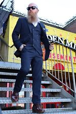 Mens Navy Blue Pinstripe Three Piece Suit Wedding Races Prom Groom Stretch Fit