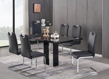 Dining Table Set Black Glass High Gloss Rectangle 6 Faux Leather Chairs