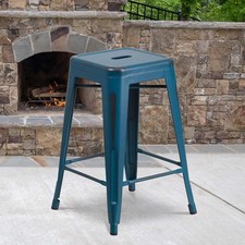 Set of 4 Antique Blue Bar Stools 24 Inch Metal Counter High Stool Indoor Outdoor