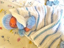 WATERFALL Baby's Hand made Blanket with Pom Poms New Baby Gift Baby Shawl