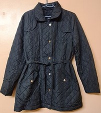 Betty Kay Laura Jacket Black Quilted Belted Mid Length Collared Size 12