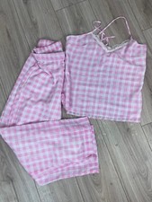 River Island Pink Pyjamas Set size S uk 8-10 Check Lace Neck Lined Cross Back