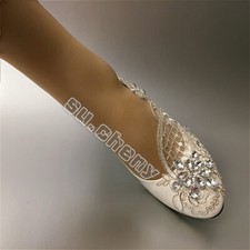 su.cheny- Lace white ivory crystal flats low high heel pump Wedding Bridal shoes