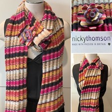 NICKY THOMSON England Lambswool & Angora Striped with Flower Pin Scarf 20x206cm 