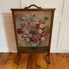 Antique Fire Screen Fireguard Vintage Wooden Frame Hand Painted Floral Pink Art