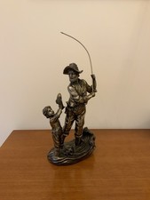 Bronze Style Fisherman and Boy Figurine Decorative Ornament  .fish On hook