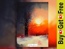 Dramatic Winter Sunset Path, Oil Painting Print 5"x7" on Matte Paper