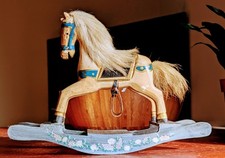 Vintage Ashton Drake Wooden Rocking Horse White Blue Hand Painted Carved 1995