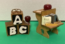 Vintage Handmade School Desk and Ruler / ABC Blocks Set 2.5”Apple , Books