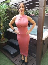 LADIES DARK PINK CORAL SALMON COLOUR LONG BODYCON STRETCH WIGGLE DRESS ~ UK10~12