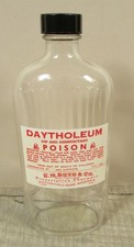 VINTAGE CLEAR GLASS RIBBED BOTTLE & LID WITH DAYTHOLEUM POISON PHARMACY LABEL
