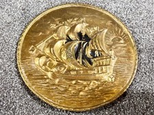 VINTAGE BRASS WALL PLAQUE PLATE SHIP GALLEON BOAT WALL HANGING BAR PUB