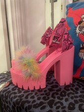 EGO Pink Wedges Platforms Heels With Multicoloured Faux Fur Detail & Snake Print