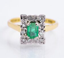 18ct Gold Natural Emerald 0.5 Carat & Diamond Halo Ring Vintage Art Deco Design