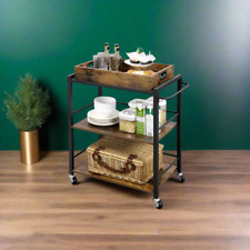 Rustic Brown Drink Trolley Cart Retro 3 Tier Serving Storage Rack Kitchen Wheels