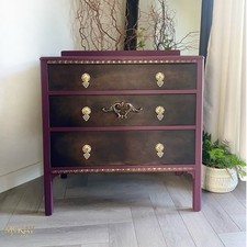 Hand Painted Vintage Oak Chest Of Drawers, Maroon, Burgundy, Gold