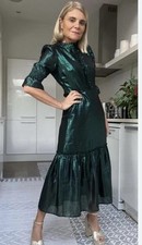 WYSE Aimee Party Silk Blend Emerald Green Lame Midi Dress Size 1 UK 8