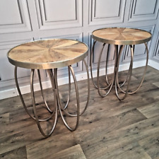 Retro Pair Of 2 Round Wooden Top Metal Frame Side Coffee Tables - Bedside Wood