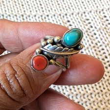 Navajo Sterling Silver Turquoise & Coral Ring Size 4.5 Native American 4.4 grams