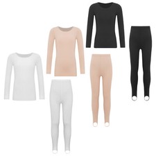 Kids Girls Thermal Underwear Set Athletics Tops With Stirrup Leggings Yoga Soft