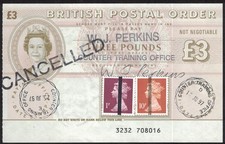 GB, PO TRAINING SCHOOL, 1997, QEII POSTAL ORDER, £3 UPRATED 11p COUNTER STAMPED.