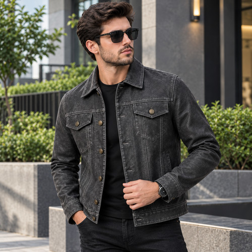 Men black leather trucker - men's,