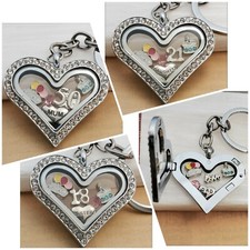 Heart Personalised Birthday Gift Locket keyring Age Number Floating charms Bling