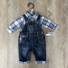 New MOTHERCARE Blue Denim Dungarees & Check Shirt New Baby Up to 7.5lb / 3.4kg