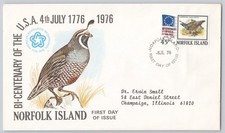 Norfolk Is. Californian Quail, Bi-Centenary 4th July First Day, 1976