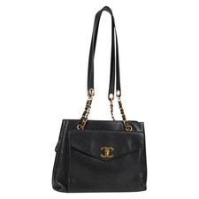 CHANEL COCO Mark Chain Shoulder Bag Grained Calf Skin Black Gold CC Auth ar13626