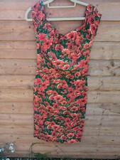 Bernie Dexter Red Green Poppy 50s Wiggle Dress Size Medium Retro 
