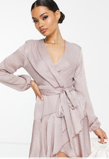 First Distraction Dress Size 10 Petite New Pink Satin Wrap Long Sleeve Fit Flare