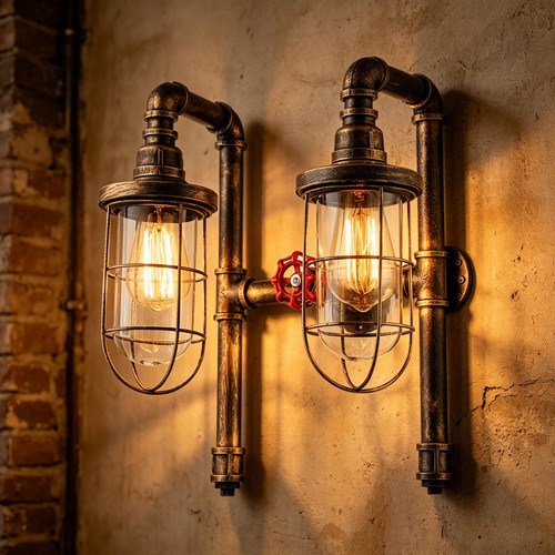 Rustic industrial wall - industrial, lamp