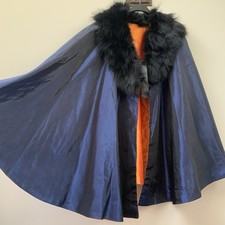 Vintage Pure Silk Cape With Faux Fur Trim Costume One Size Blue Orange Occasion