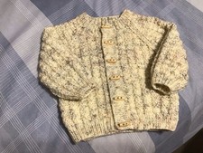 Hand Knitted Baby Boys Cardigan 9-12 Months. Cream With Brown Grey Fleck