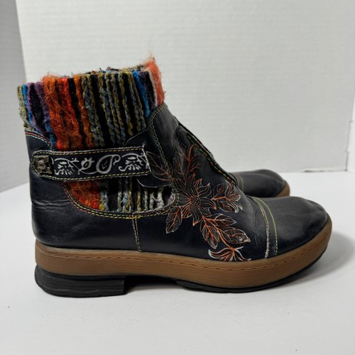 Socofy black leather floral - leather,
