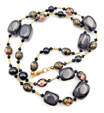 Cloisonne Beads & Black Stone Necklace w/Black Gold Accent Beads Florals