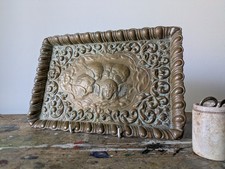 Antique REYNOLDS ANGELS Embossed Dressing Table Tray 1900s Cherubs Ornate Brass