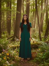 WOMEN'S/LADIES 70’S VINTAGE, 40’S STYLE, FOREST GREEN MAXI DRESS, 8