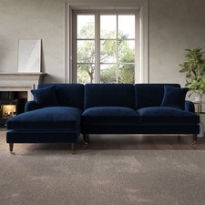 Navy Velvet L Shaped Sofa 3 Seater Left Hand Facing Saddle Arms Traditional