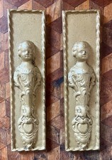 Antique Gilt Cast Iron Door Plates Figural Cherub Furniture Embellishment Ornate