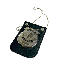 Police Badge Prop Metal Chain Leather Holder Necklace Costume Cosplay Accessory