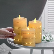 Set of 3 LED Candles With String Lights + Remote 2AA Batteries Each Candle