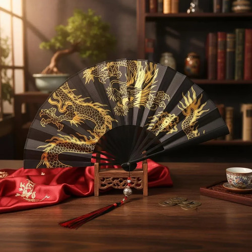 Golden dragon folding fan - golden,