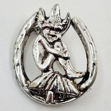 Lucky Pixie Imp Mushroom Horseshoe Pin Brooch Badge Silver Tone VTG Hollywood