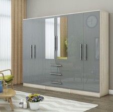 High Gloss Grey 6 Door Modern Mirrored Fitment Wardrobe, with 3 Drawers