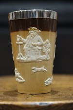 Antique Royal Doulton Lambeth Salt Glaze Beaker with Solid Silver Rim, c. 1897